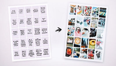 Aspiration grid shown next to a completed version where each square has been replaced with a small printed photo to create a photo bingo board