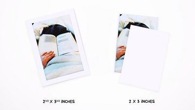 Comparison showing two card sizes: 2 1/2 x 3 1/2 inches on the left and 2 x 3 inches on the right.
