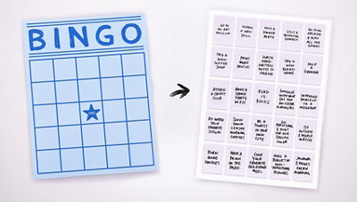 Example of a blank bingo board shown next to a filled in grid of aspiration cards showing how you will use the bingo board layout to structure your 5x5 grid for this project.