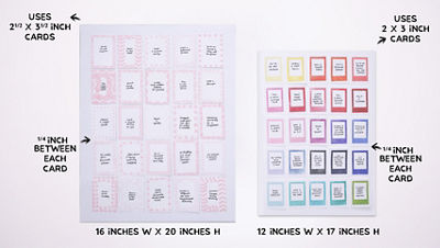Diagram comparing two bingo board layouts with card sizes and spacing measurements.