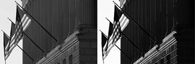 Side by side black and white photos of three American flags hanging off the side of a brick building on the left and the same photo on the left with a different black and white filter