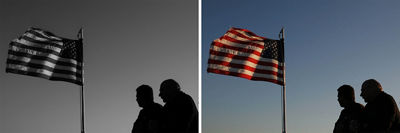 Side by side photos of a black and white american flag on the left with two men's silhouettes next to it and the color version on the right