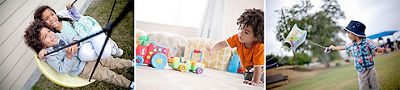 three images side by sie of two children in a swing, a boy playing with a toy train and a boy flying a kite