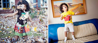 two images side by side of little girl playing in the autumn leaves and a little boy jumping on a couch