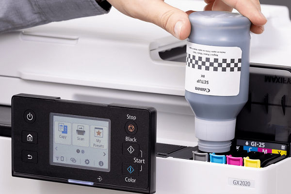 Refilling black ink in Canon GX2020 printer; control panel with copy and scan options visible.