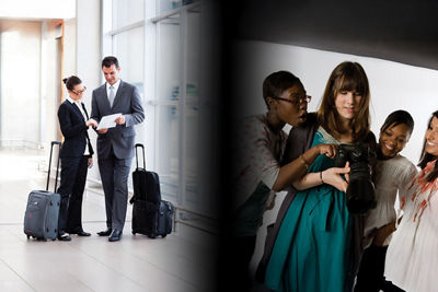Two People in Suits Talking and a Group of Friends Looking at a Camera