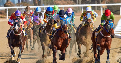 Image of a horse race in action