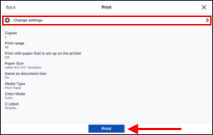 Tap Change settings (outlined in red) to change print options. Tap Print to begin printing