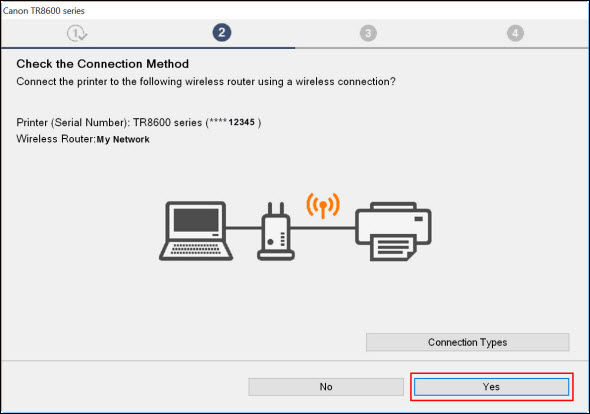 Setup connection screen with Yes selected