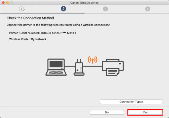 Check connection method screen with Yes selected