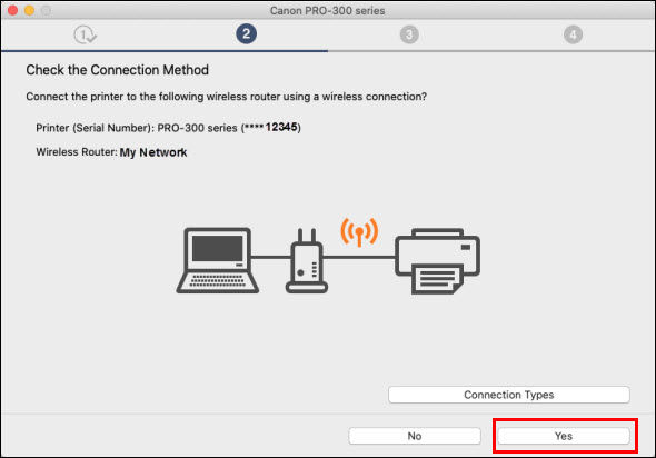 Click Yes (outlined in red) on the Check the Connection Method screen