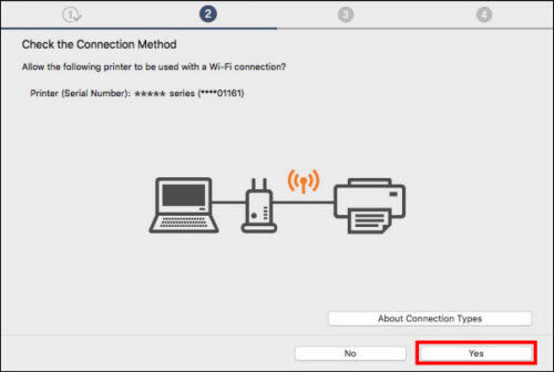 Make sure your printer appears in this screen, then click Yes (outlined in red) to proceed