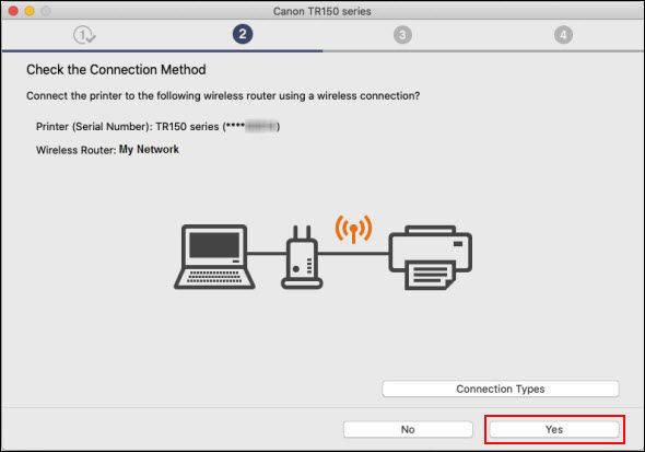 Click Yes (outlined in red) on the Check the Connection Method screen