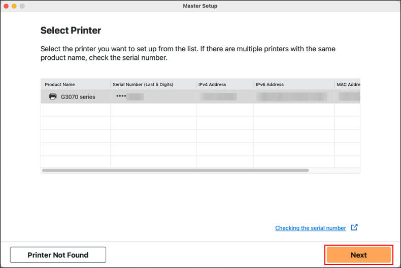 Select the printer, then click Next (outlined in red)