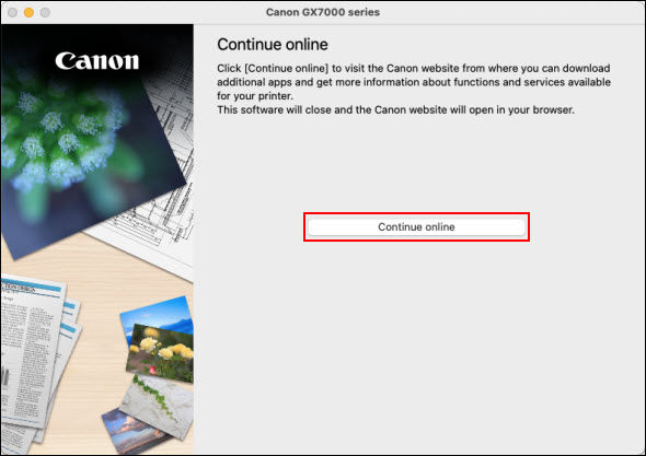 Click Continue online (outlined in red) to close the installer