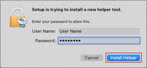 Enter your computer's User Name and Password, then click Install Helper (outlined in red)