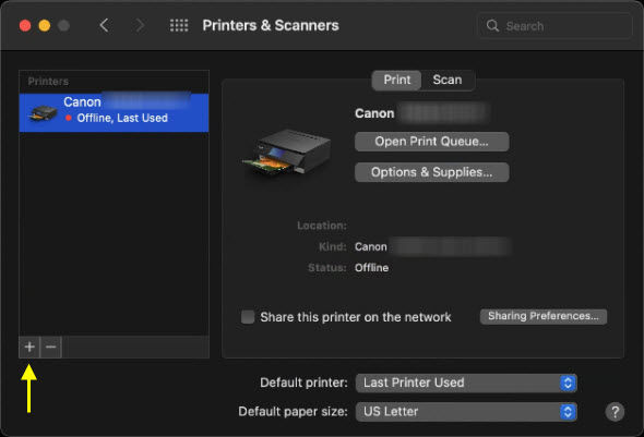Click the plus sign below the printer list