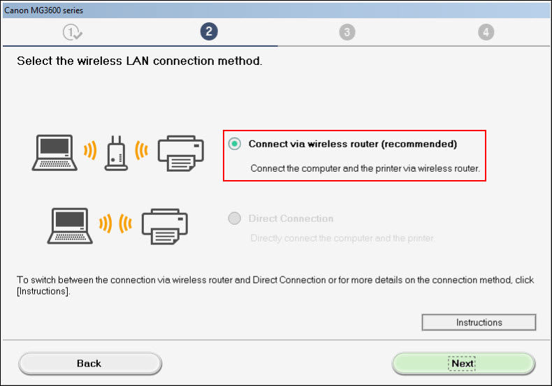 Select Connect via wireless router (recommended) (outlined in red), then select Next (outlined in red)