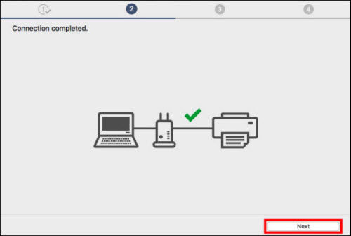 Connection completed: Click Next (outlined in red)