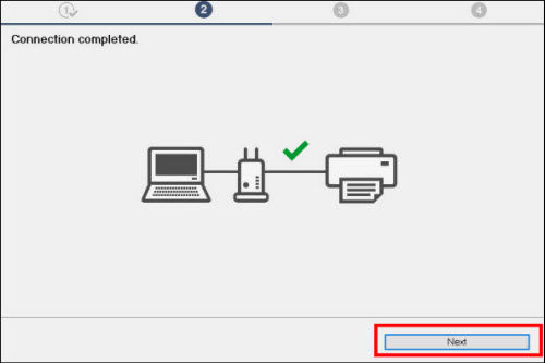 Connection completed screen, Next button outlined in red