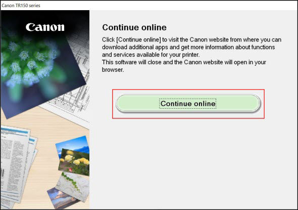 Click Continue online (outlined in red) to finish the setup program
