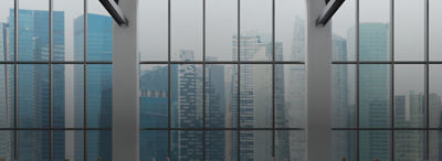 View of a city skyline through a window