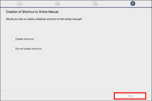 Choose whether or not to create a shortcut for the online manual, then click Next (outlined in red)