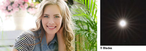 Portrait with natural background blur and 11‑blade aperture light rays