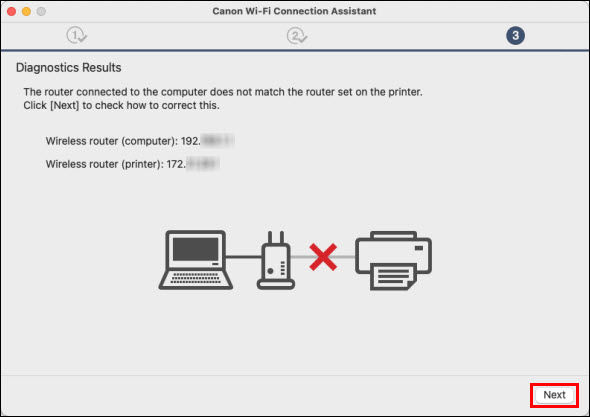 The computer and printer show that they're on different networks. Click Next (outlined in red) to proceed