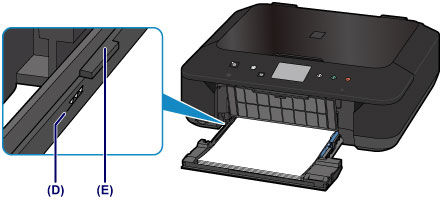 Don't load the paper stack higher than the load limit mark (D). Also, keep the paper stack height below the tabs (E) of the paper guides