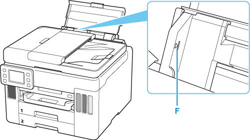 Don't load sheets of paper higher than the load limit mark (F)