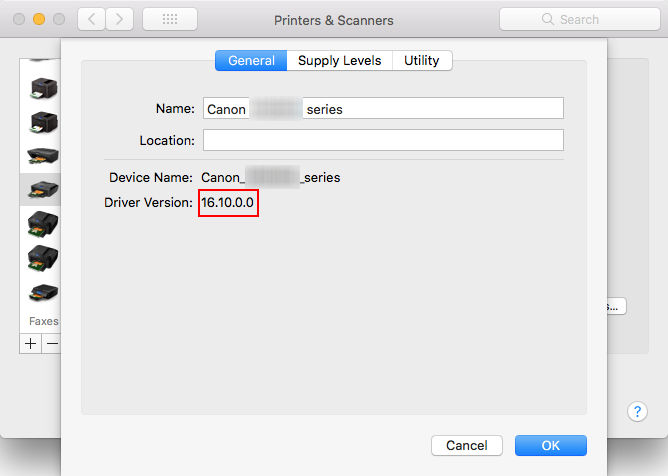 Driver version: 16.10.0.0 displays on the Printers & Scanner screen