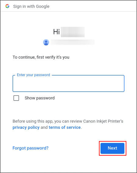 Enter your account password, then tap Next (outlined in red)