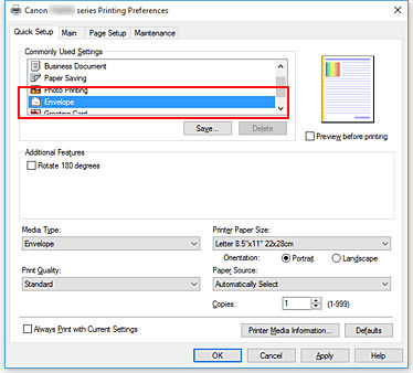 figure:Select Envelope from Commonly Used Settings on the Quick Setup tab