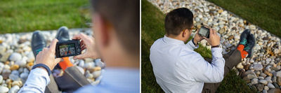 Collage of man looking at LCD screen of camera