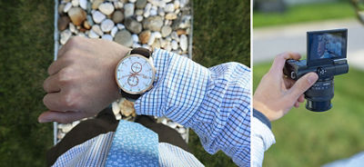 Collage of man taking photo of watch on his wrist