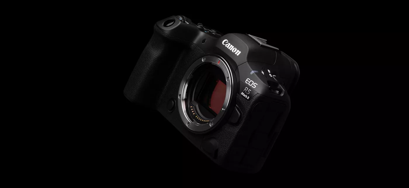 EOS R5 Mark II - 3 Quarter View in a Black Background