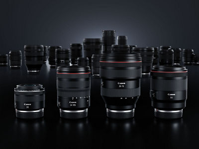 Canon 35mm, 24-105mm, 28-70mm and 50mm lens products lined up in product image