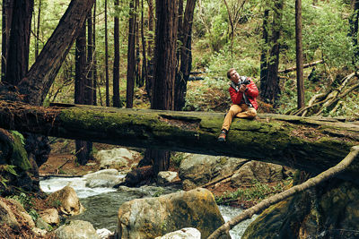 Man sitting on fallen tree trunk over ravine in forest taking pictures