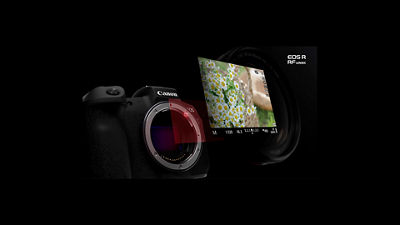 Photo of a camera projecting a shot of some white flowers.