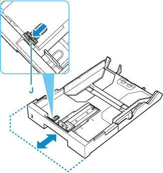 Pull the resizing tab (J) forward to extend the cassette