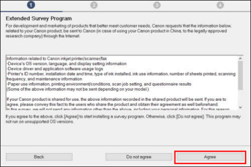 Extended Survey Program screen, Agree button outlined in red