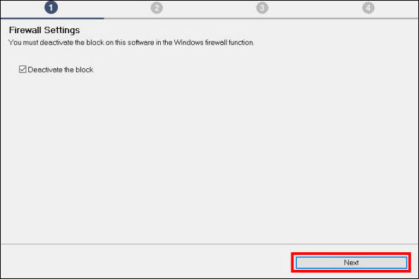 Firewall Settings screen. Deactivate the block is selected, Next is outlined in red