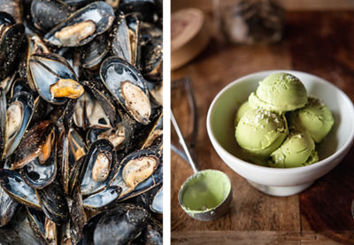 side by side oysters and green gelato