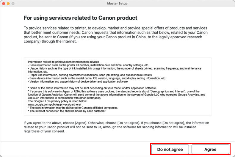 Select Agree or Do not agree (outlined in red) to proceed