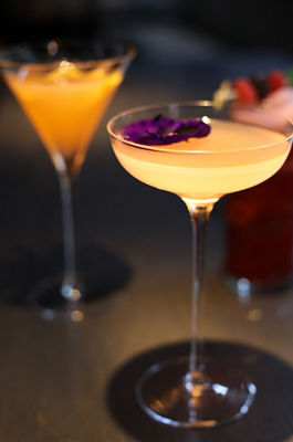 White drink with purple flower