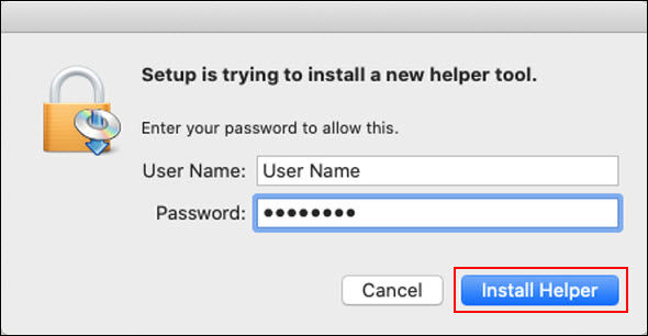 Enter your computer's password, then click Install Helper (outlined in red) to proceed