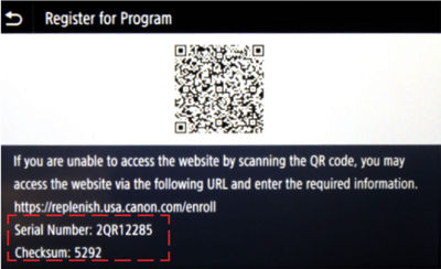 Register for program page with QR code to website as well as serial number and checksum for printer