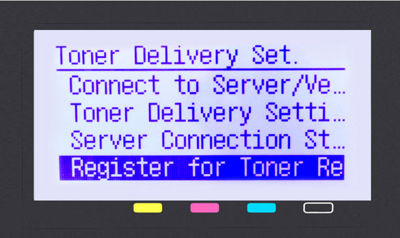 Toner delivery settings menu with register for toner replenishment highlighted