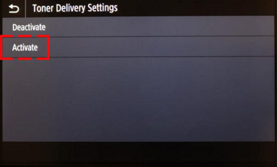 Toner delivery setting activation menu with "activate" highlighted